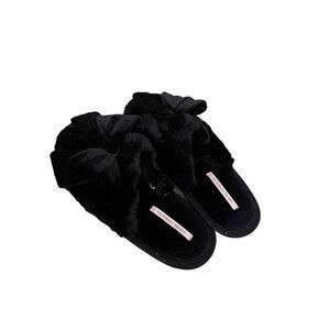 Victoria's Secret Womens Black Close Toe Bow Slip On Slide Fluffy Slippers Large